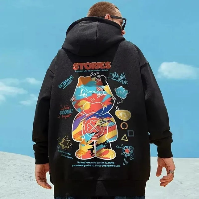 【M-8XL Hoodies】Men Oversized Hoodie Fashion Loose American Color Graffiti Bear Print Long Sleeve Couple Clothes