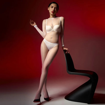 Women Sexy Jumpsuit Socks Oil Glossy Transparent Open Crotch Stockings Ultra Elastic Ultra-Thin Pantyhose See-Through Underwear