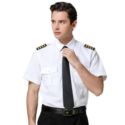 Summer Air Force Uniform Short Sleeve White Shirts Pilot Security Workwear  Outfit Men's Casual Style Square Collar Work Shirts