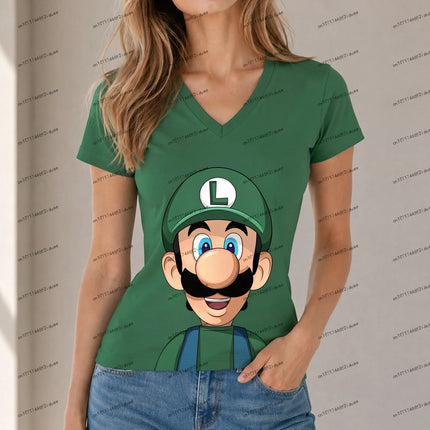 XS-5XL Fashion Super Mario Women T-shirt Streetwear V Neck Short Sleeve New Hot Sale Women's Party Summer Cuteore Harajuku Style
