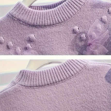 Girls' Thick Sweater, New Stylish Design, Fashionable Mesh Patchwork Pullover Knit Top, Trendy Base Layer