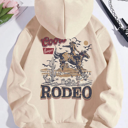 Rodeo Hoodie Women Vintage Cowboy Printing Hooded Fleece Warm Pocket Pullovers Autumn Winter Comfortable Woman Clothing