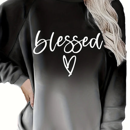 Plus Size Spring Casual Sweatshirt, Women's Ombre & Letter & Heart Print Raglan Sleeve Round Neck Slight Stretch Pullover Top