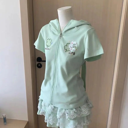 Harajuku Y2k Short SLeeve Hoodie Japanese Women Sweet Patchwork Rabbit Ears Top Casual Subculture Zipper Kawaii Spring Summer