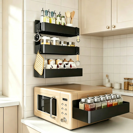 2 Pack Magnetic Spice Rack for Refrigerator Kitchen Magnetic Fridge Shelf Black No Drill Spice Food Organizer Black Jar Holder