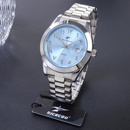 A quartz wristwatch with a stainless steel strap and personalized dial, equipped with a date display function. The simple and atmo