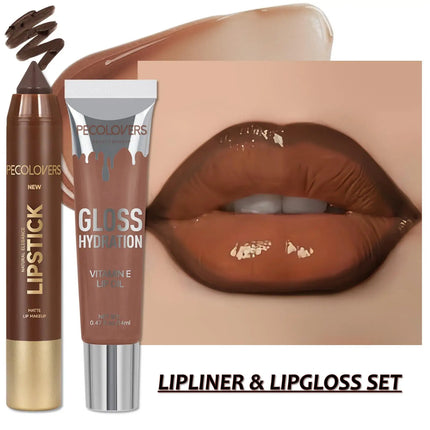 1 Set Hydrating Lip Gloss & Lip Liner Pen, Define Your Lips with 3D Precision, Non-sticky Water Gloss Look, Daily Makeup