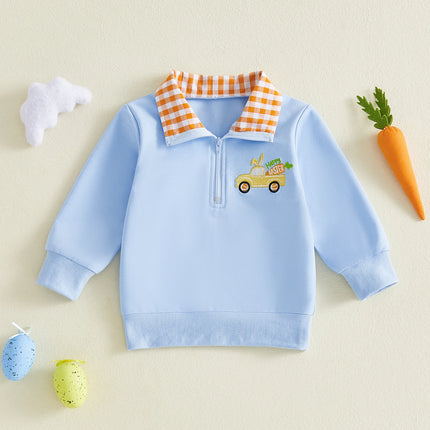 Kids Sweatshirt Long Sleeve Turn-down Collar Plaid Embroidery Hoodie Pullover Easter Clothes for Boys Girls