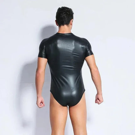 Black Long Sleeve Shiny PU Leather Bodysuit Zipper Hot Shapers Men Body Tops Shirts Gothic Tights Clubwear Tshirt Leotard