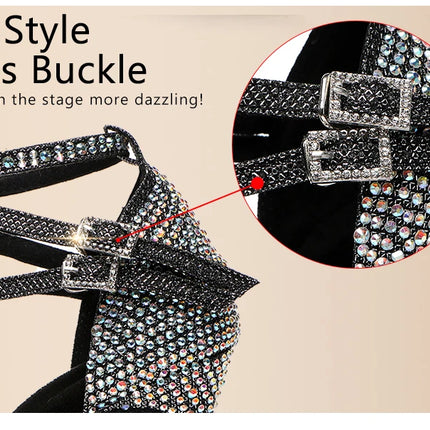 DKZSYIM Rhinestone Women Latin Dance Shoes Latin Salsa Girl Dancing Shoes Black Shiny Ballroom Dance Shoes For Girls Ladies
