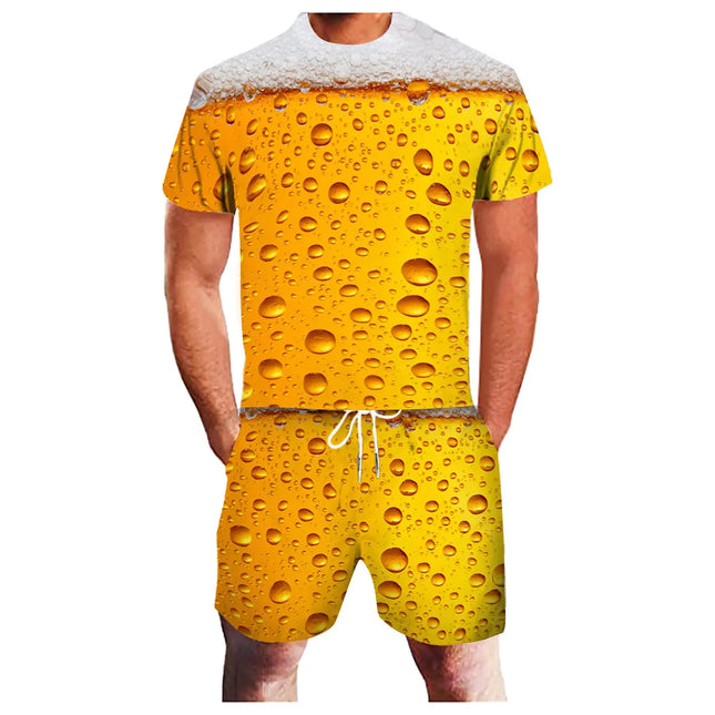 3D Beer Print Sport Moisture-Wicking Breathable Men T-Shirt Shorts Fun Cool Street Cosplay Casual Fashion Trend Pants Set Summer