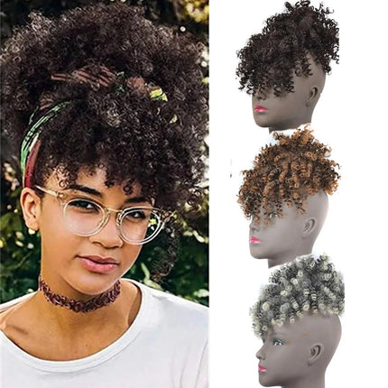 Afro Puff Updo Hair Drawstring Ponytail with Bangs Black Kinky Curly Hair Bun Synthetic Hairpiece Wigs For Women Ladies