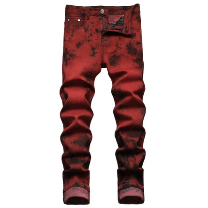 Men's Burgundy Jeans in Asian Sizes, Black Printed Stretch Denim Pants, Stylish Slim-fit Trousers. 28-42