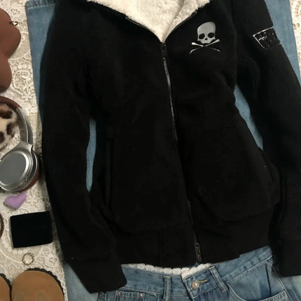 Subculture Cross Y2k Lamb Wool Jackets Women Gothic Hoodies Skull Grunge Zipper  Streetwear Harajuku Female Vintage Casual Coat