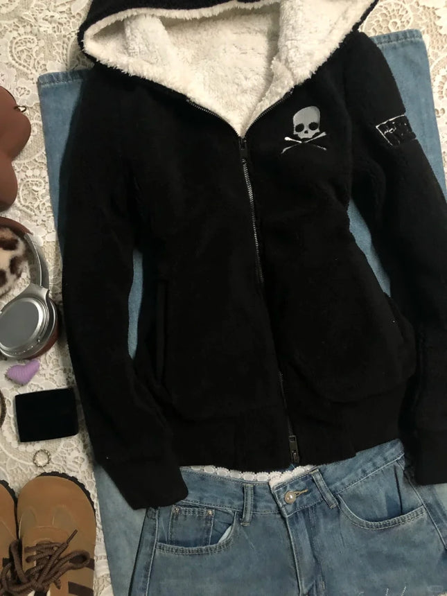 Subculture Cross Y2k Lamb Wool Jackets Women Gothic Hoodies Skull Grunge Zipper  Streetwear Harajuku Female Vintage Casual Coat