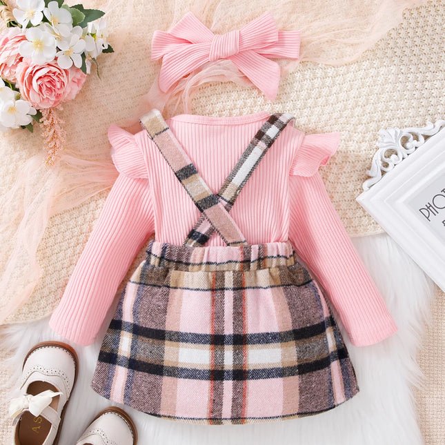 New Spring and Autumn Cute Girl Pink Long-Sleeved Top Casual Sling Dress Infant and Child Clothing Set