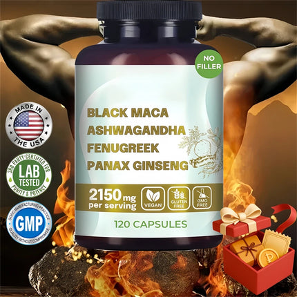 Original Black Maca Root, Ashwagandha, Panax Ginseng, Fenugreek Capsules, Male Enhancing Supplement Natural 4-in-1 Organic 18+