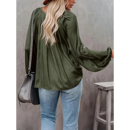 Plus Size Fashion Long Sleeve V Neck Office Casual Shirt Women Elegant Simple Loose Blouse Ladies Pleated Solid Color Top