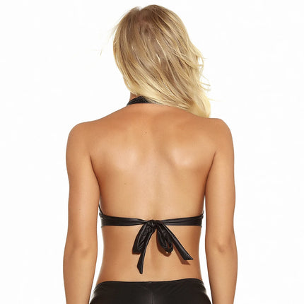 Leather Sexy Women's Crop Top, Black Wet Look Corset, Ladies Fashion Festival Clothing, Sleeveless Slim Zipper Clubwear