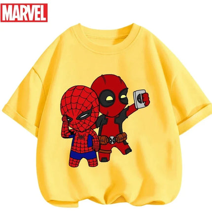 Marvel Summer Children's 100% Cotton T-Shirt Comfortable Soft Fabric Classic Cartoon Spider-Man Pattern Suitable for Both Boys and Girls