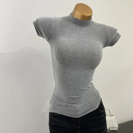 Korean Transparent Short-Sleeved Slim-Fit Elastic Solid Color Bottoming T-shirt with Half-High Collar - Sexy Big Chest T-shirt