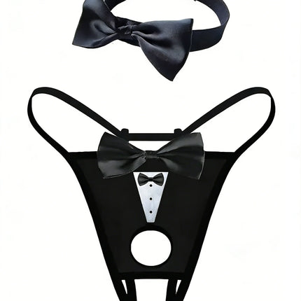 Sexy Bow Crotchless Thong Men's Hollow Lingerie Panties with Bow Collar Set Tuxedo Waiter Server G-String Costume Cosplay Outfit