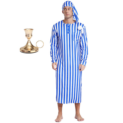 Men Pajama Set Long Sleeve Striped Soft Loose Sleep Robe Nightgown with Sleeping Cap Candlestick for Christmas Eve Halloween