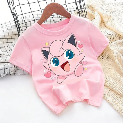 2026 Summer Pokemon Jigglypuff Print T-Shirt, 100% Cotton Loose Family Matching Tee for Travel Game & Sports Y2k