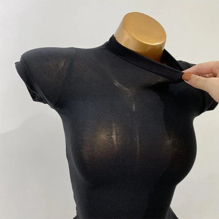 Korean Transparent Short-Sleeved Slim-Fit Elastic Solid Color Bottoming T-shirt with Half-High Collar - Sexy Big Chest T-shirt
