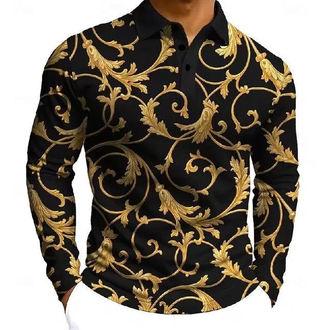 Gold Print Pattern Men's Long-sleeved Fashion Polo Shirt Outdoor Leisure Beach Entertainment Design Comfortable Spring