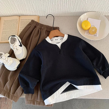 Children Sweater 2025 Autumn Spring Sweatshirts for Kids Boys Fake 2pcs Jumper Baby Casual Tops Girls Pullovers Toddler Clothes