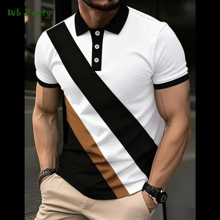 Summer men's polo men's casual short-sleeved polo shirt with striped color block design, sporty polo style collar polo shirt for