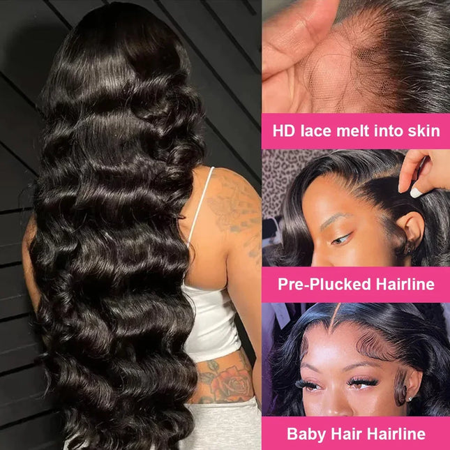 13x4 13x6 HD Body Wave Human Hair Wigs 200 Density Transparent Pre-Plucked Lace Frontal Wigs 40-44 Inch Glueless Human Hair Wigs