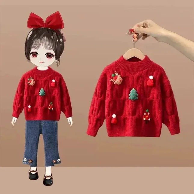 Hat Deer Christmas 3D Pullover Sweater Autumn and Winter Knitted New Year Christmas Girls Clothes Korean Version