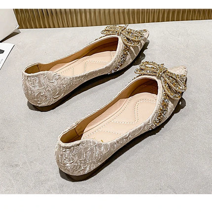 Women Flat Elegant Fashion Women Flat Fashion Ballet Shoes Ladies Bling Crystal Bow Tie Pointed Toe Flats Shoes Zapatos De Mujer