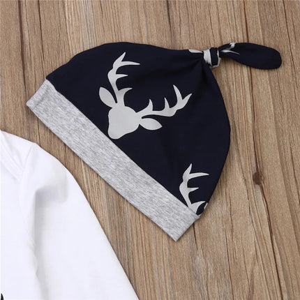 0-24months Baby Boys 3pcs Clothing Set Letter Pattern Deer head Romper And Print Pants And Hat Xmas Outfits For Infant Boys