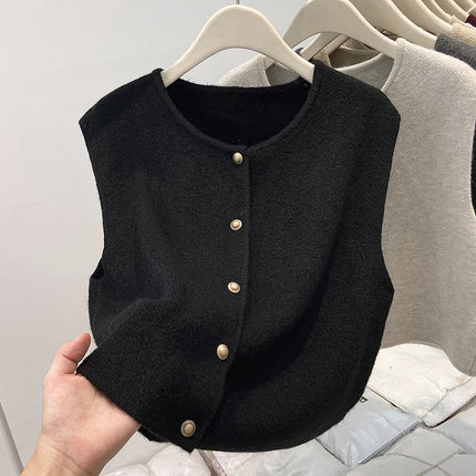 Soft Woolen Knitted Cardigan Women's Style Spring Autumn Fashion Metal Buckle Sweater Vest Layering Open-Shirt Tank Top