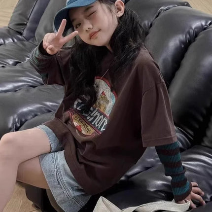 Bora Children's Faionable Girl's 2025 New Autumn Sweatirt Fake Two-Piece Children's T-irt Boys And Girls Casual Loose Fit