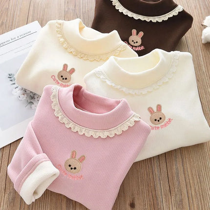 1pc Children's T-Shirt Rabbit Embroidery Velvet Warm Top Kids Half High Collar Long Sleeve Base Shirt Girls T-Shirts Clothes