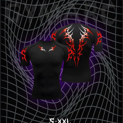 05-Men's Wing & Cross Print Compression Tight Fit Short Sleeve Sports Shirt Workout Tops Gym Compression High Stretch