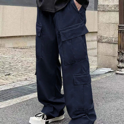 Men's Spring and Autumn Multi-Pocket Cargo Pants with Elastic Waistband and Drawstring Adjustment, Solid Color Multi-Pocket Long Pants Suitable for Outdoor Sports and Leisure