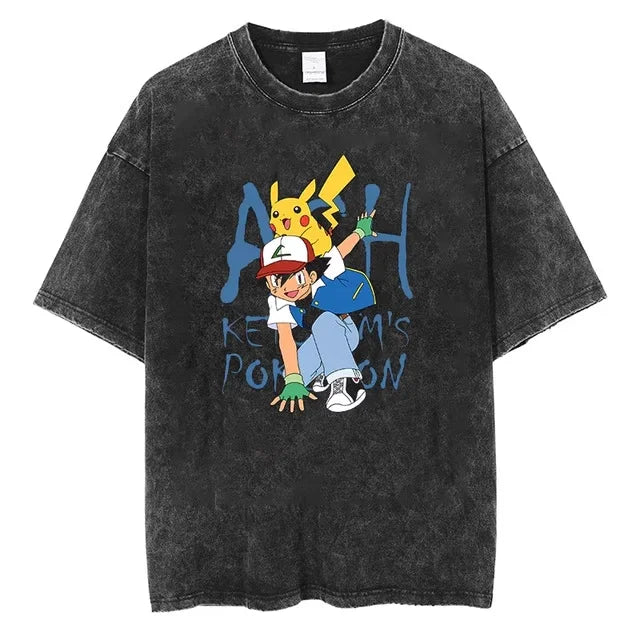 Pokémon Collaboration Gengar Pikachu T-shirt Men Women 2026 Summer Pure Cotton Vintage Washed Short-sleeved Tee Oversize Top
