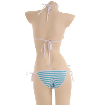 2PCS Women Bra Panties Set Sexy Lingeries Cotton Seamless Kawaii Bikini Lace-up Strap Blue White Striped Suit Female Underwear