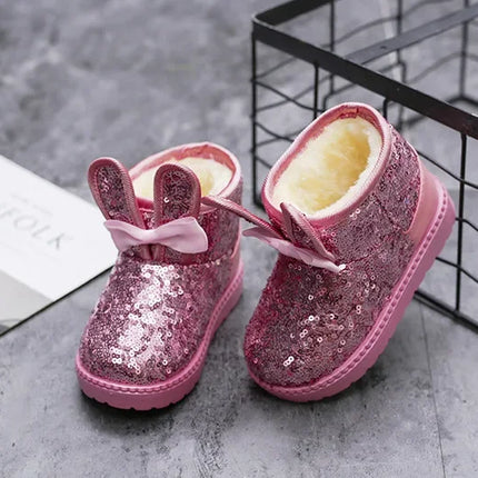 Girls Snow Boots Bunny Ear Bowtie Sequins Cute Winter Warm Ankle Boots Princess Toddler Non-slip Fashion Kids Boot Glitter Bling