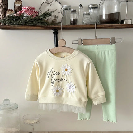 Autumn Toddler Baby Girls Outfit Printed Embroidery Lace Hem Round Neck Sweatshirt Solid Elastic Waist Pants Spring Clothes