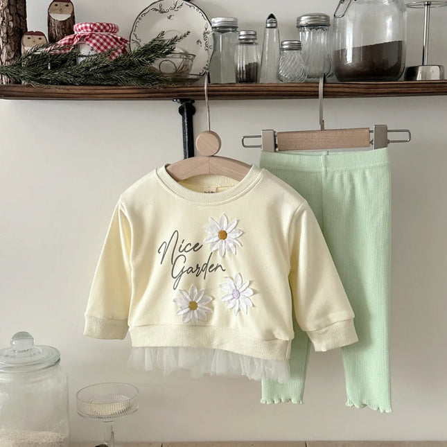 Autumn Toddler Baby Girls Outfit Printed Embroidery Lace Hem Round Neck Sweatshirt Solid Elastic Waist Pants Spring Clothes