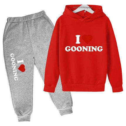 Funny I Love Gooning Kids Spring Autumn Casual Letter Print 2pcs Hoodie+Pants Tracksuits 2-13 Years Boys Girls Outfits Clothes