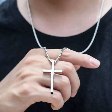 Stainless Steel Cross Necklace for Men Boys,Silver Color Plain Cross Pendant Collar,Hiphop Classic Punk Jewelry Gift