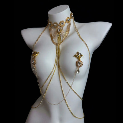 Gold Gemstone Collar Sexy Body Chain Tassel Nipple Clamps SM Training Chest Stimulation Punishment Women's Waist Chain Accessory