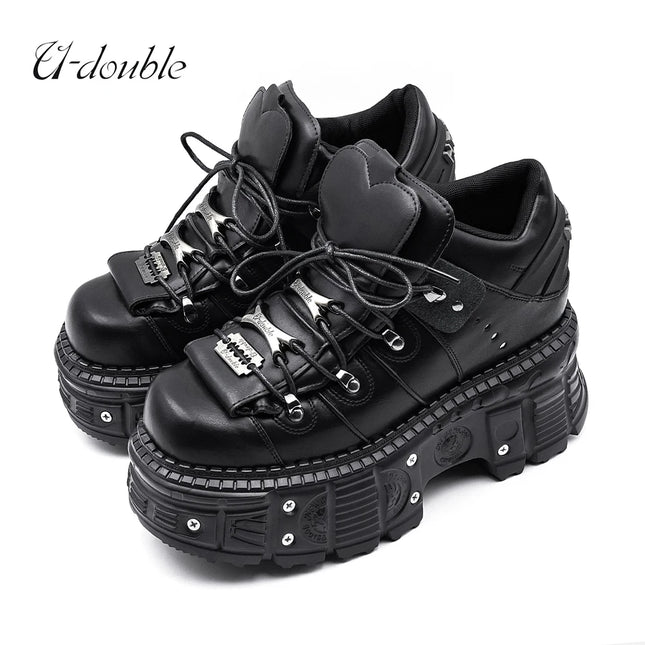 2026 New Punk Style Women's Shoes Lace-up Heel Height 6CM Platform Shoes Women's Gothic Ankle Rock Boots Metal Decor Women's Sneakers